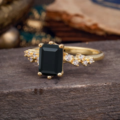 2 Carat Emerald Cut Black Onyx Wedding Ring Classic Side Stone Promise Ring