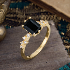 2 Carat Emerald Cut Black Onyx Wedding Ring Classic Side Stone Promise Ring