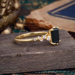 2 Carat Emerald Cut Black Onyx Wedding Ring Classic Side Stone Promise Ring