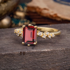 2 Carat Emerald Cut Garnet Wedding Ring Classic Side Stone Promise Ring