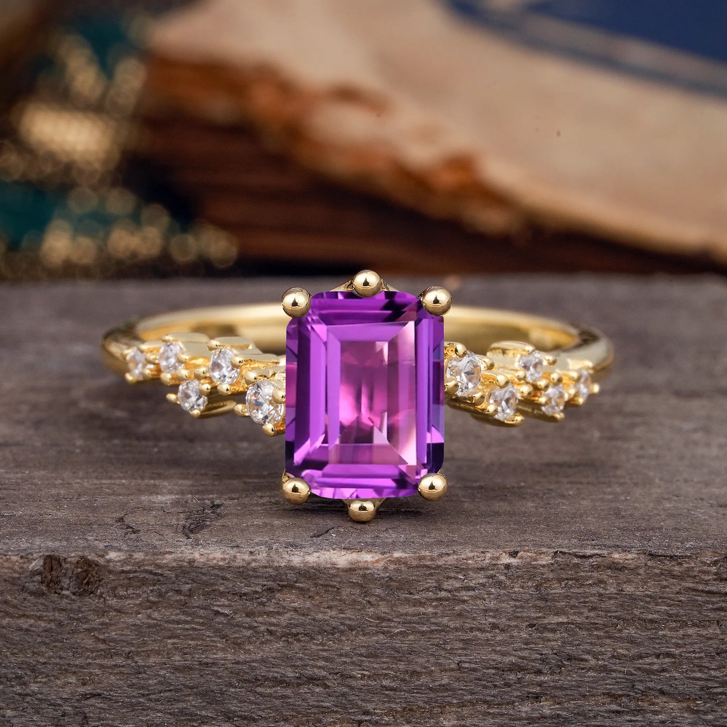 2 Carat Emerald Cut Amethyst Engagement Ring Classic Side Stone Promise Ring