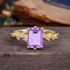 2 Carat Emerald Cut Amethyst Wedding Ring Classic Side Stone Promise Ring
