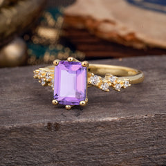 2 Carat Emerald Cut Amethyst Wedding Ring Classic Side Stone Promise Ring