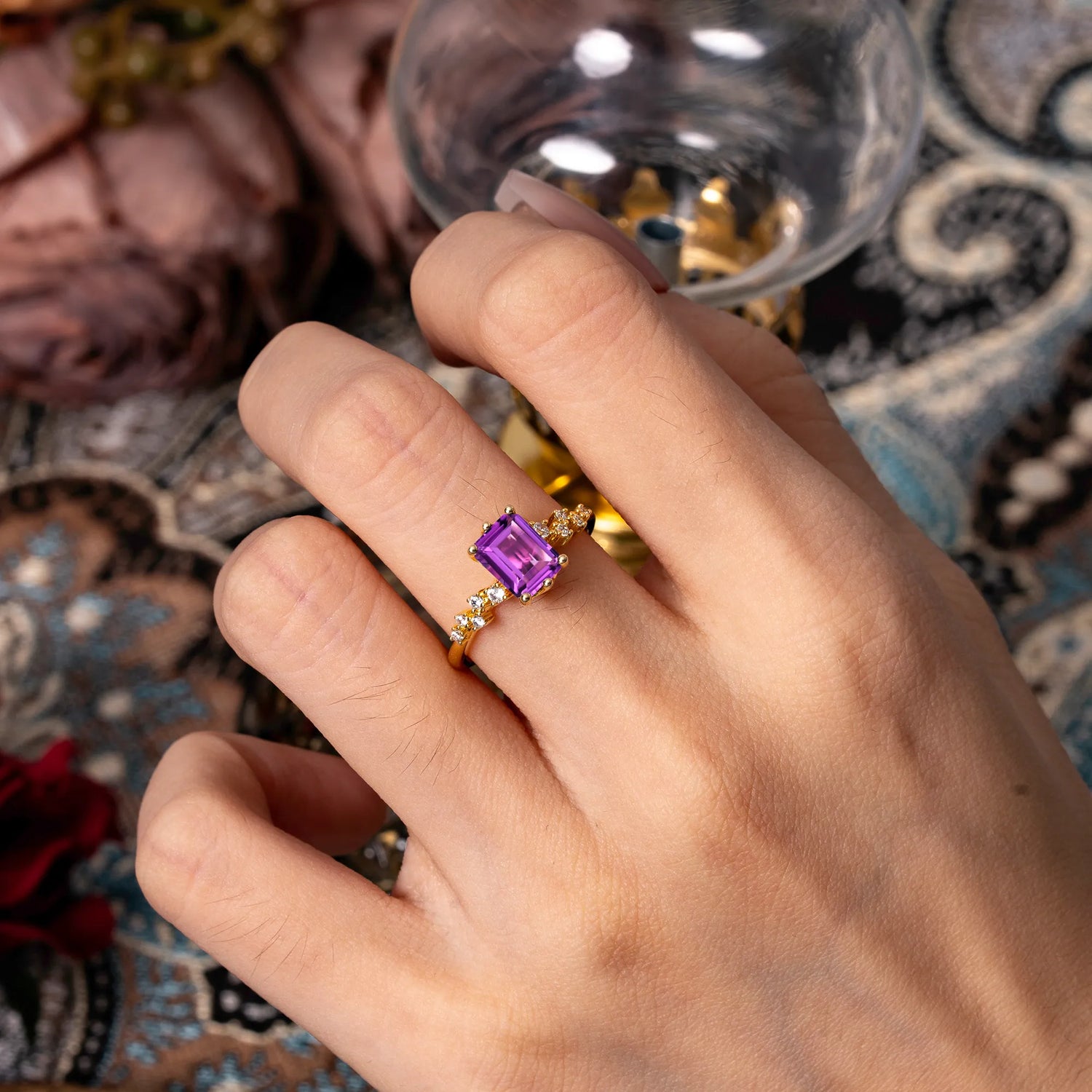 2 Carat Emerald Cut Amethyst Engagement Ring Classic Side Stone Promise Ring