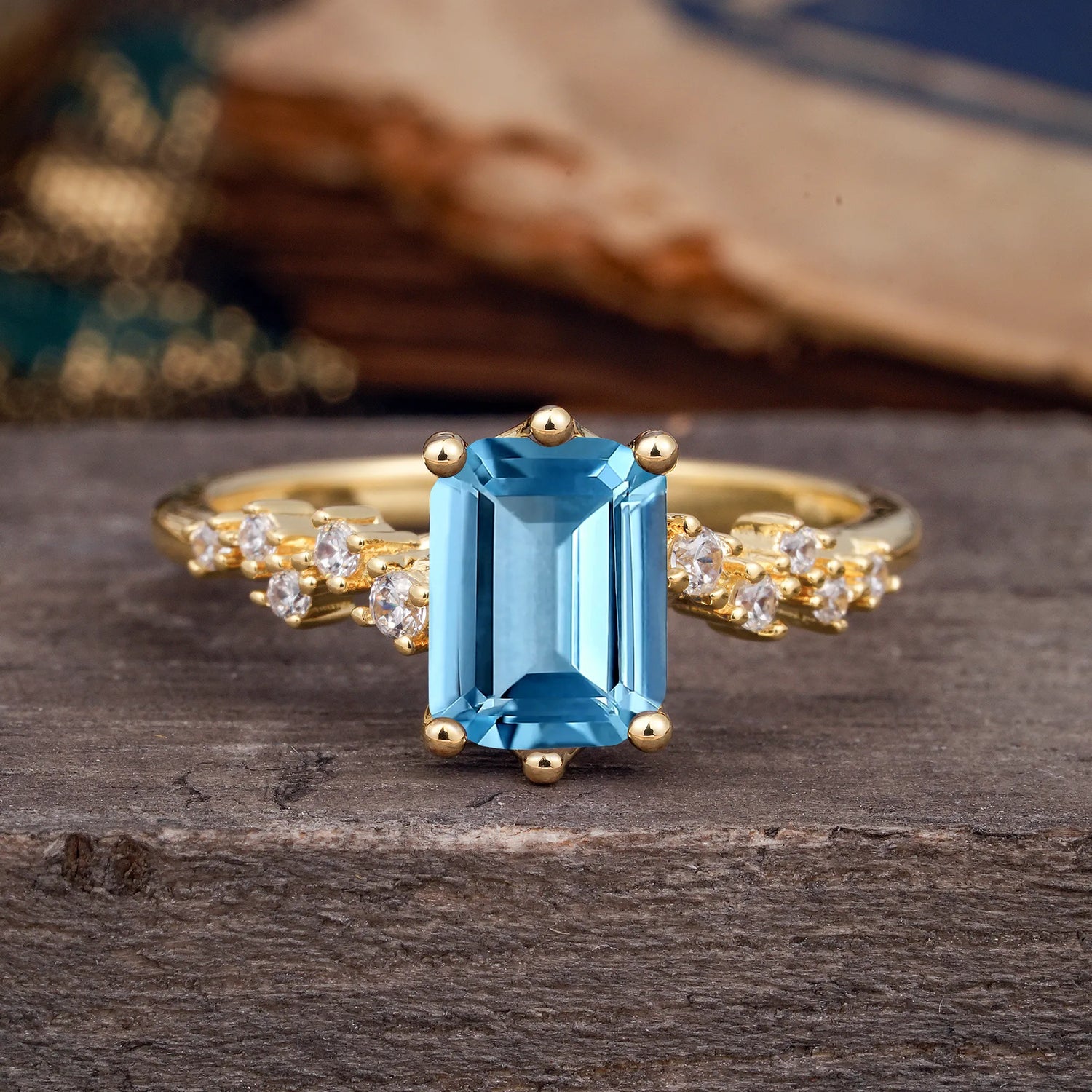 2 Carat Emerald Cut Aquamarine Engagement Ring Classic Side Stone Promise Ring