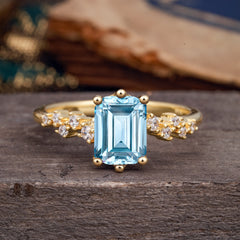 2 Carat Emerald Cut Aquamarine Wedding Ring Classic Side Stone Promise Ring