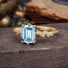 2 Carat Emerald Cut Aquamarine Wedding Ring Classic Side Stone Promise Ring