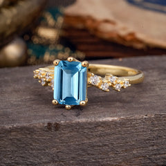 2 Carat Emerald Cut Aquamarine Wedding Ring Classic Side Stone Promise Ring