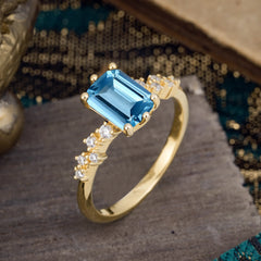 2 Carat Emerald Cut Aquamarine Wedding Ring Classic Side Stone Promise Ring