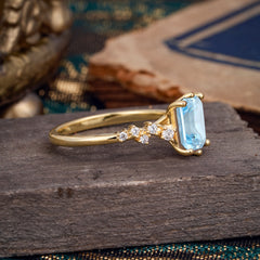 2 Carat Emerald Cut Aquamarine Wedding Ring Classic Side Stone Promise Ring