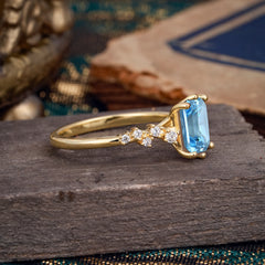 2 Carat Emerald Cut Aquamarine Wedding Ring Classic Side Stone Promise Ring