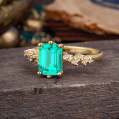 2 Carat Emerald Cut Emerald Wedding Ring Classic Side Stone Promise Ring