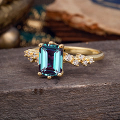 2 Carat Emerald Cut Alexandrite Wedding Ring Classic Side Stone Promise Ring