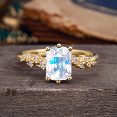 2 Carat Emerald Cut Moonstone Wedding Ring Classic Side Stone Promise Ring