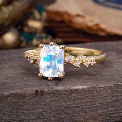 2 Carat Emerald Cut Moonstone Wedding Ring Classic Side Stone Promise Ring