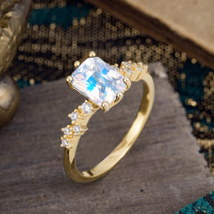 2 Carat Emerald Cut Moonstone Wedding Ring Classic Side Stone Promise Ring