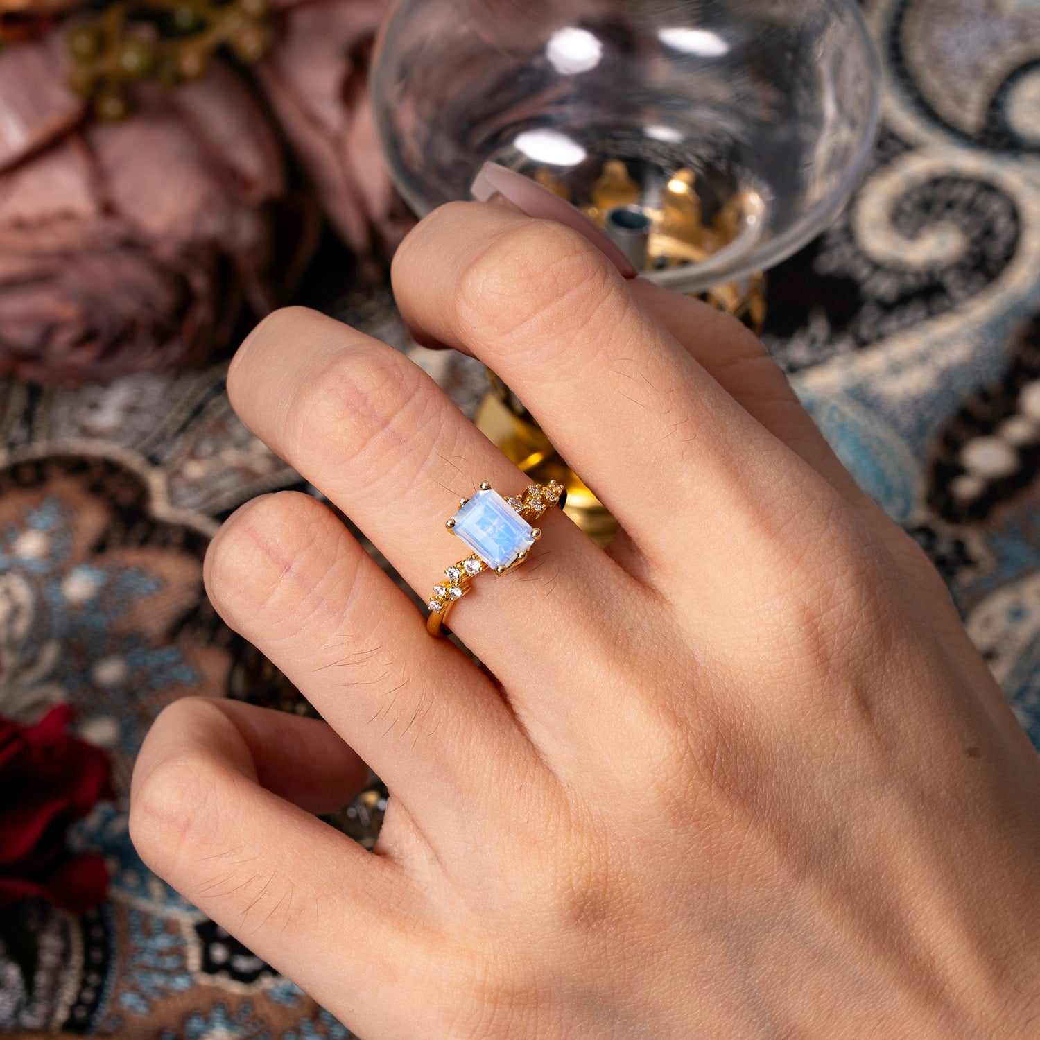 6 Prong Timeless 3 Carat Emerald Cut Moonstone Engagement Ring