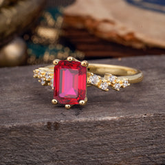 2 Carat Emerald Cut Ruby Wedding Ring Classic Side Stone Promise Ring