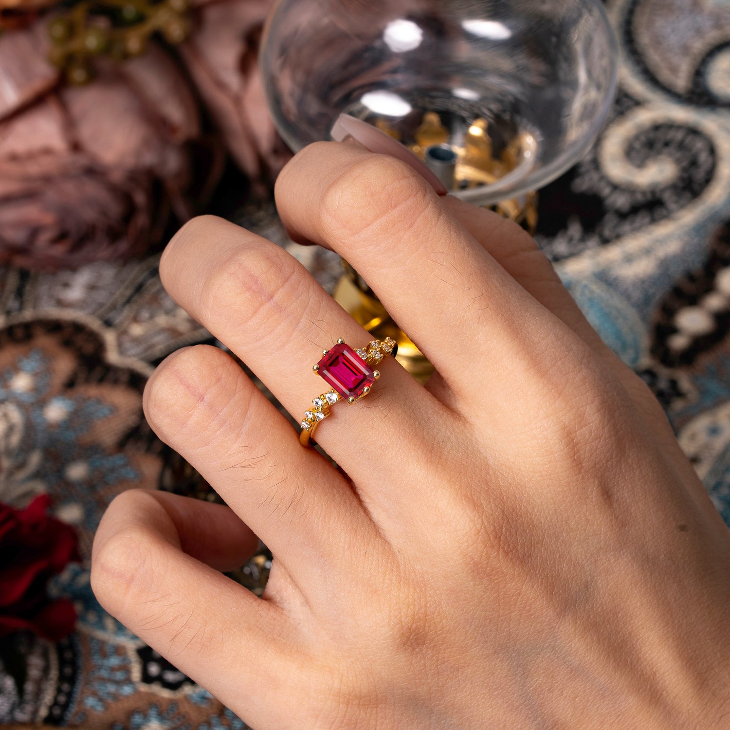6 Prong Timeless 3 Carat Emerald Cut Ruby Engagement Ring