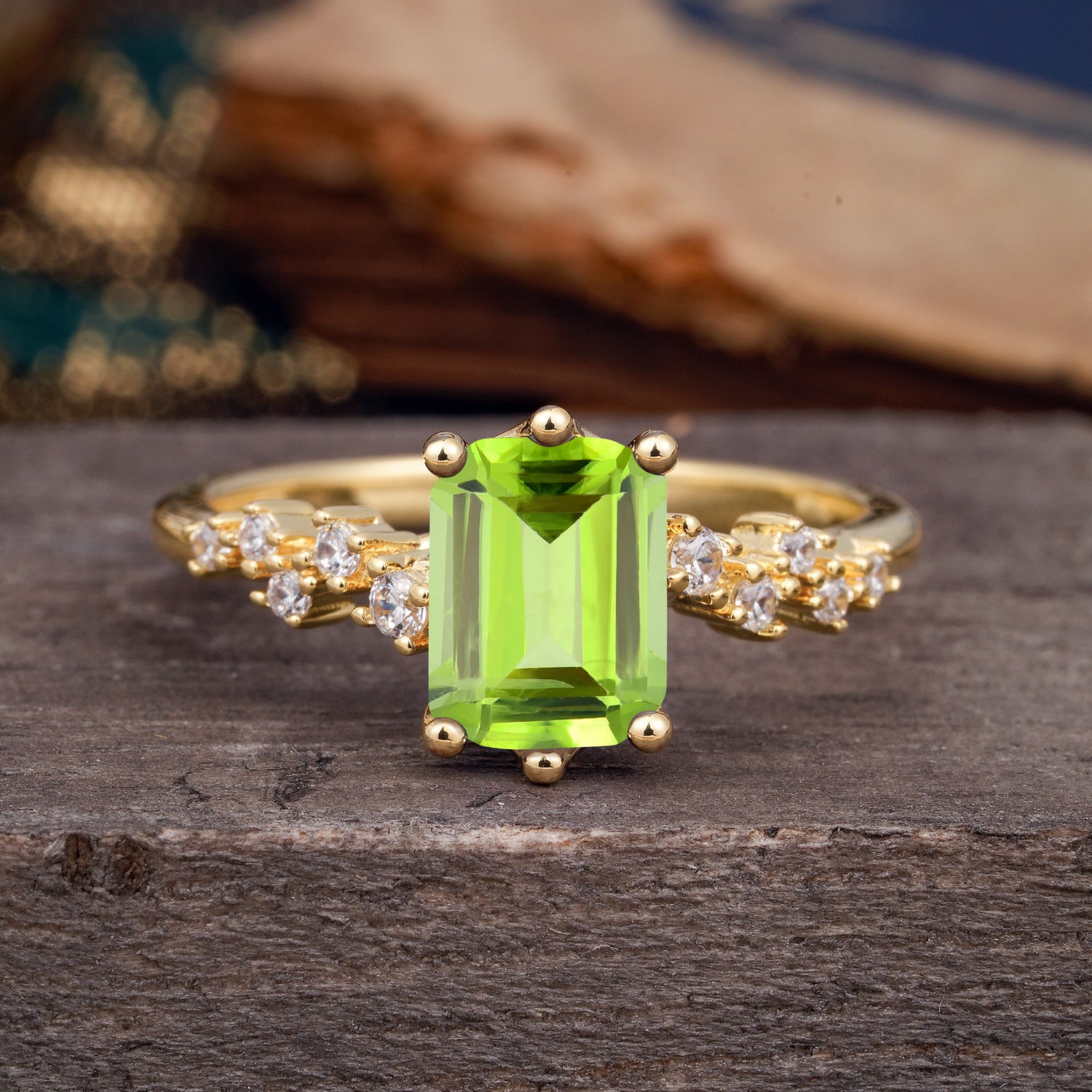 2 Carat Emerald Cut Peridot Engagement Ring Classic Side Stone Promise Ring