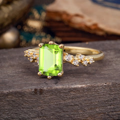 2 Carat Emerald Cut Peridot Wedding Ring Classic Side Stone Promise Ring