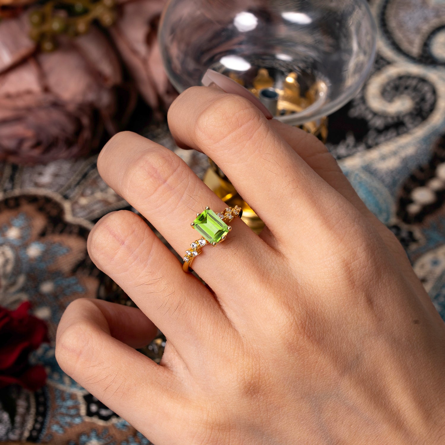 2 Carat Emerald Cut Peridot Engagement Ring Classic Side Stone Promise Ring