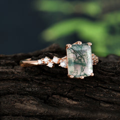 Timeless 3 Carat Emerald Cut Moss Agate Engagement Ring