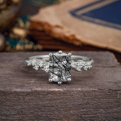 6 Prong Timeless 3 Carat Emerald Cut Black Rutilated Quartz Engagement Ring