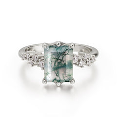 Timeless 3 Carat Emerald Cut Moss Agate Engagement Ring