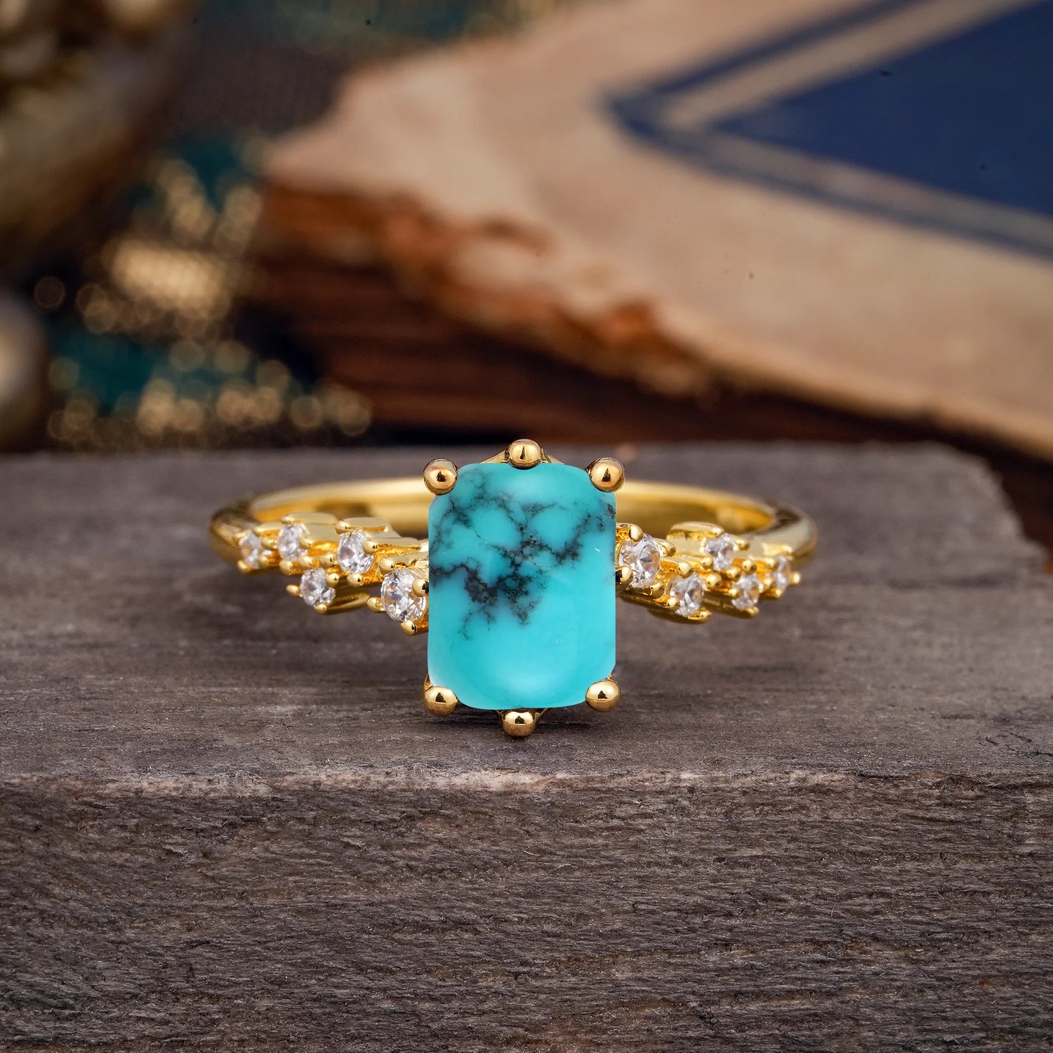 2 Carat Emerald Cut Turquoise Engagement Ring Classic Side Stone Promise Ring