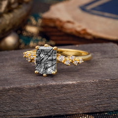 6 Prong Timeless 3 Carat Emerald Cut Black Rutilated Quartz Engagement Ring