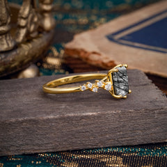 6 Prong Timeless 3 Carat Emerald Cut Black Rutilated Quartz Engagement Ring