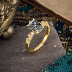 6 Prong Timeless 3 Carat Emerald Cut Black Rutilated Quartz Engagement Ring
