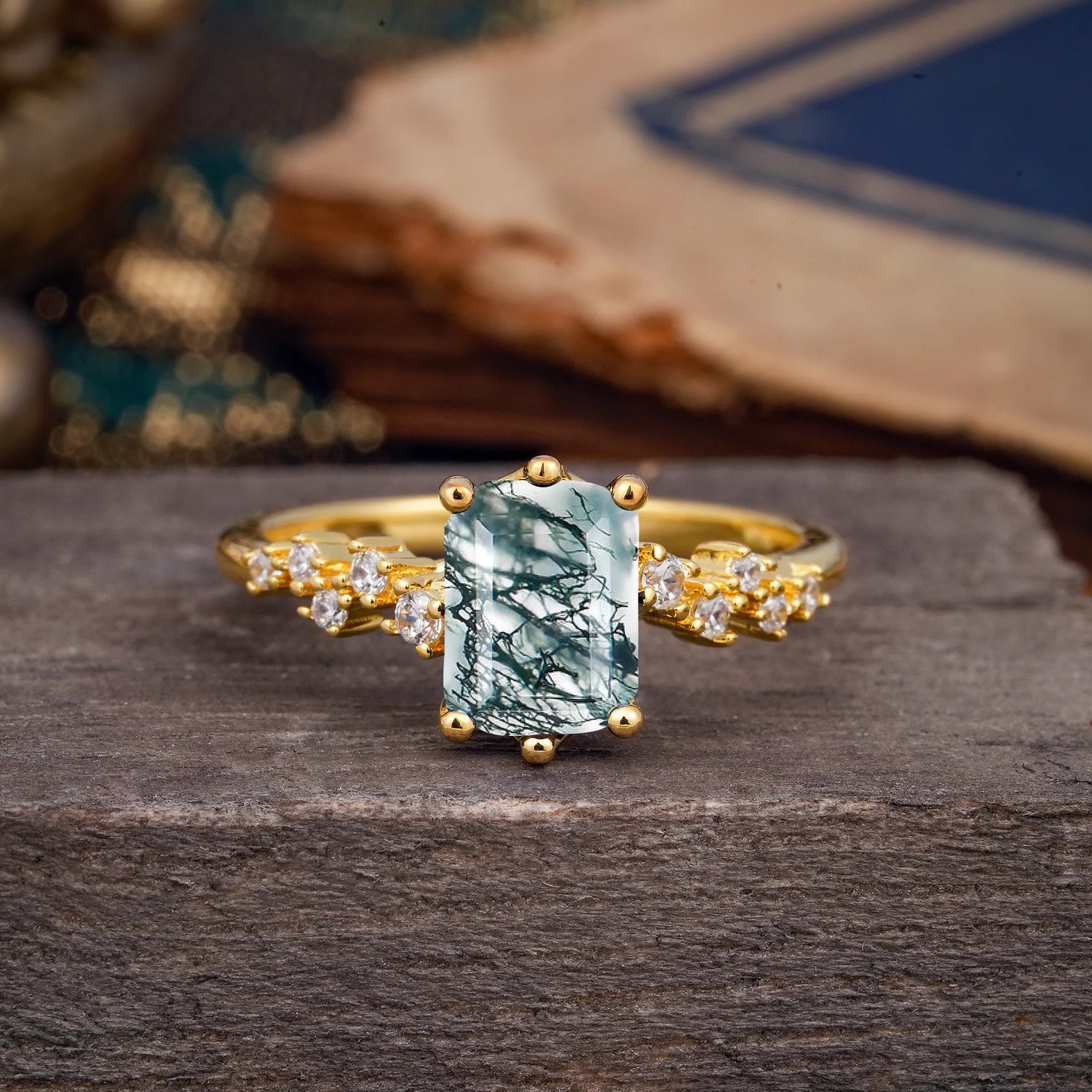 2 Carat Emerald Cut Moss Agate Engagement Ring Classic Side Stone Promise Ring