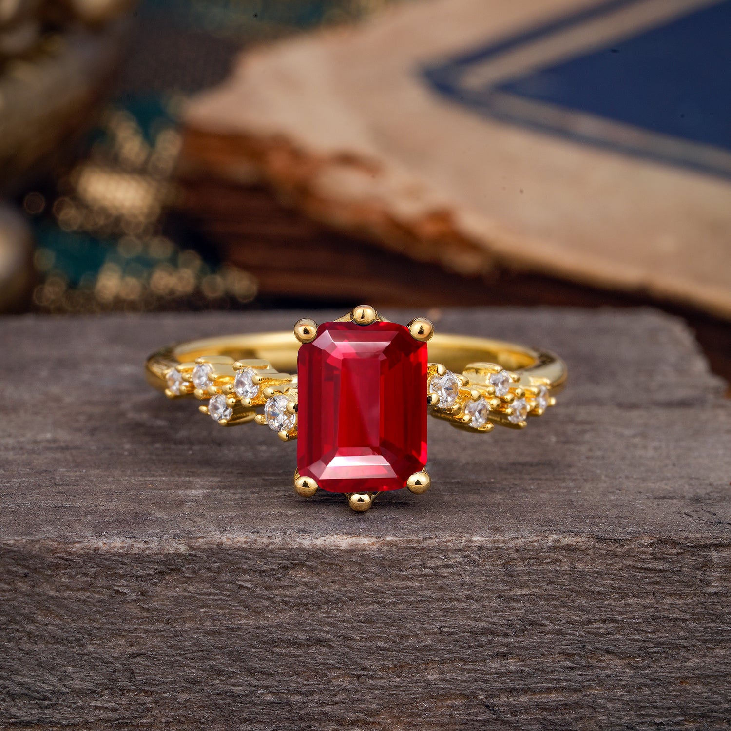 6 Prong Timeless 3 Carat Emerald Cut Ruby Engagement Ring
