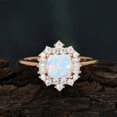Princess Cut Opal Engagement Ring Brilliant Cluster Ring