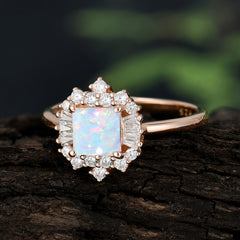 Princess Cut Opal Engagement Ring Brilliant Cluster Ring