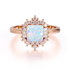 Princess Cut Opal Engagement Ring Brilliant Cluster Ring