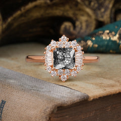 Princess Cut Black Rutilated Quartz Engagement Ring Brilliant Cluster Ring