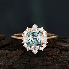 Princess Cut Moss Agate Engagement Ring Brilliant Cluster Ring