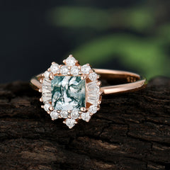 Princess Cut Moss Agate Engagement Ring Brilliant Cluster Ring
