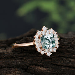 Princess Cut Moss Agate Engagement Ring Brilliant Cluster Ring