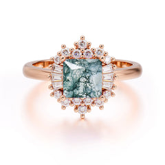 Princess Cut Moss Agate Engagement Ring Brilliant Cluster Ring