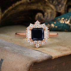 Princess Cut Black Onyx Engagement Ring Brilliant Cluster Ring