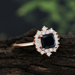 Princess Cut Black Onyx Engagement Ring Brilliant Cluster Ring