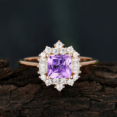 Princess Cut Amethyst Engagement Ring Brilliant Cluster Ring