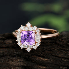 Princess Cut Amethyst Engagement Ring Brilliant Cluster Ring
