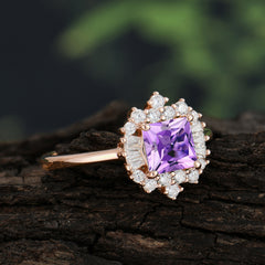 Princess Cut Amethyst Engagement Ring Brilliant Cluster Ring