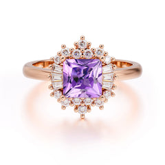 Princess Cut Amethyst Engagement Ring Brilliant Cluster Ring