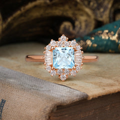 vintage Aquamarine Princess Cut Ring with Brilliant Cluster Design